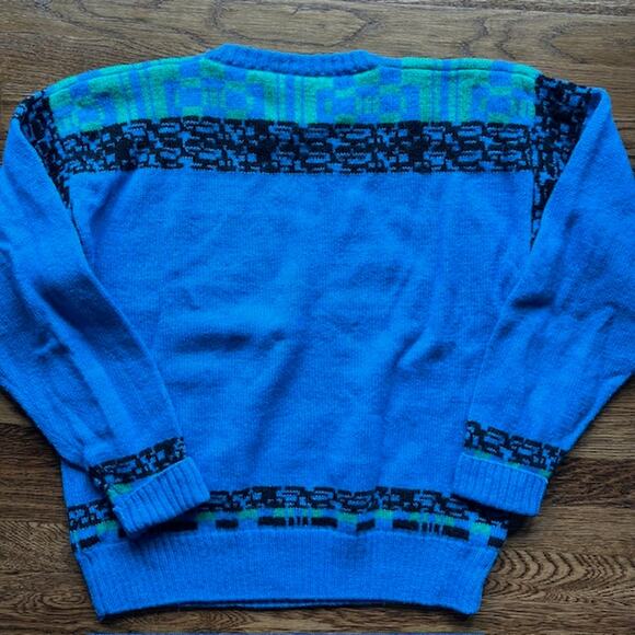 VTG 80s Demetre Pure Wool Crewneck Ski Sweater Mens L Fair Isle Geometric Blue - Picture 2 of 10